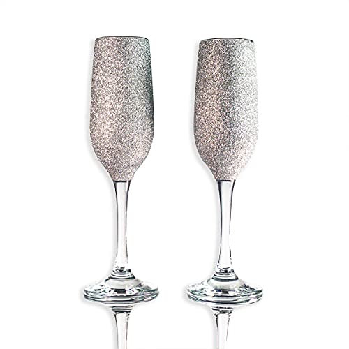 Sparkleware ® Sparkling Silver Glass Champagne Flutes Boxed Set of 2 Hand Crafted Glasses - for Special Occasions, Birthdays, Him or Her