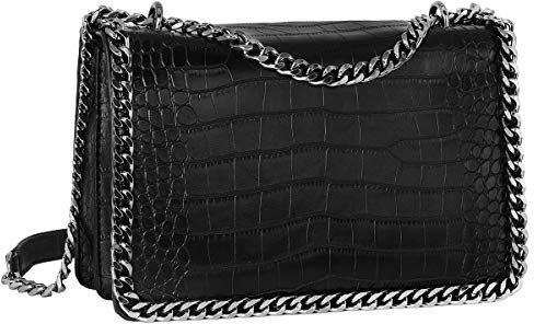 CRAZYCHIC - Damen Kette Umhängetasche - Kroko PU Leder Gesteppte Klappe Schultertasche - Steppmuster Abendtasche Pochette Kettentasche - Frauen Modische Handtasche Trendy Tasche - Schwarz Kroko