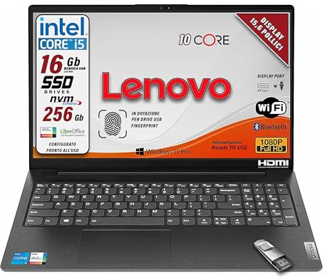 Lenovo, pc portatile, i5 12450H 8 Core, Ram DDR5 16Gb, Display IPS FHD 15,6, SSD 256Gb, Wi-Fi, Bt, USB, Thunderbolt, Tastiera retroilluminata, fingeprint integrato, Win11 Pro, Pronto all'Uso