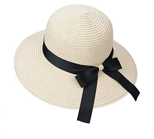 MaoXinTek Chapeau de Paille Femme Large Bord Cap de Soleil UV Protection D'été Pliable Plage avec Décoration Noeud d'arc pour Loisirs Voyage
