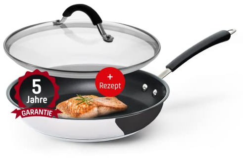 Coolinato Set padella da 28 cm con coperchio in vetro, padella rivestita con coperchio per gas Ceran elettrico a induzione e forno