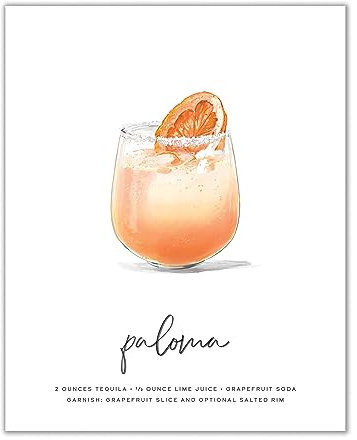 Paloma Cocktail Prints 8x10 Unframed | Illustrated Alcohol Poster with Ingredients | Vintage Bar Cart Decor for Kitchen or Lounge | Mixology Wall Accent by Mod Day Art