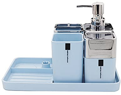 London Boutique Bathroom Accessory 5 Pieces Set Bath Set Toothbrush Holder, Tumbler, Soap Dispenser, Cotton Box and Organise Tray with Soap Dish (Blue)