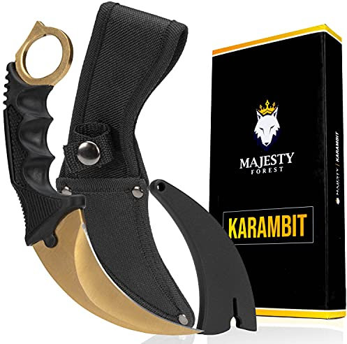 Majesty Forest® Karambit Messer (Gold) - Sehr scharfe Klinge - CSGO Trainer mit Holster und Klingenschutz