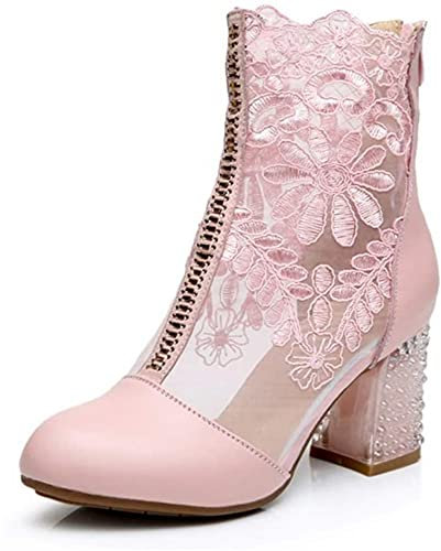 WAYERTY Stivaletti con Tacco Spesso in Pizzo Cavo, Sandali Leggeri Estivi alla Moda da Donna Dietro Stivaletti Corti con Cerniera Punta Tonda Stivali A metà Polpaccio in Pelle PU Scarpe,Rosa,35EU
