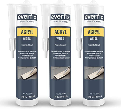 EVERFIX Acryl weiss, (310 ml, 3 Stück) Acryldichtstoff, Maleracryl, Strukturacryl Abdichtmasse, Fugendichtmasse zum abdichten, ausbessern und versiegeln, überstreichbar