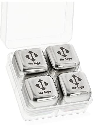 STEMPEL-FABRIK – personalisierte Eiswürfel aus Edelstahl – 4 gravierte Ice Cubes mit Aufbewahrungsbox – wiederverwendbare Kühlsteine für Getränke – Kühlung ohne Verwässern
