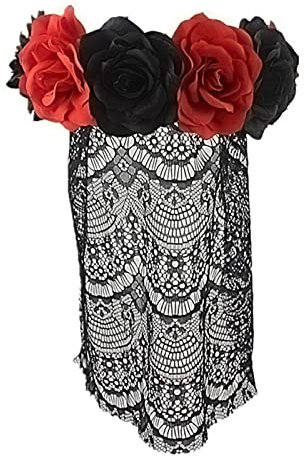 JIAHG Halloween Tag Der Toten Haarreif Schleier Halloween Stirnband Kopfbedeckung Halloween Haarschmuck mit Rosen und Schleier Damen Kostüm für Tag Der Toten Halloween Cosplay Kostüm Party