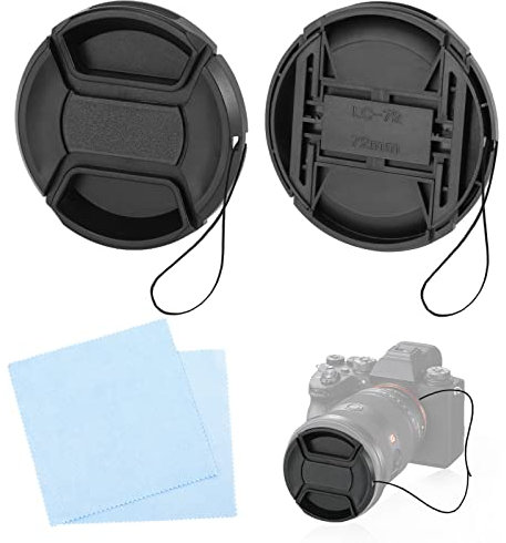 2 Pack 72mm Lens Cap with Cleaning Cloth and Rope for Nikon Canon Sigma Pentax Sony DSLR Compatible with Canon EF 35mm f1.4L, Nikon Z 24-70mm f4 S, Fujifilm XF 16-80mm f4 & Other 72mm Thread Lenses