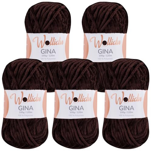 Wollidu Gina Chenille Garn zum Stricken und Häkeln 5 x 100g/120m Set 100% Polyester - Braun