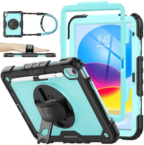 SEYMAC stock Funda para iPad (A16) 11ª Generación 2025 11 Pulgadas/iPad 10ª Generación 2022 10.9 Pulgadas con Protector de Pantalla, Soporte para Lápiz, Giratoria 360° con Correa Mano, Azul Claro