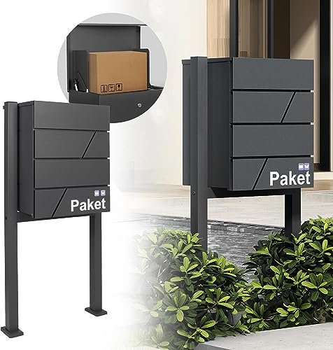ML-Design Paketbriefkasten mit Ständer, 44x35x58 cm Anthrazit verzinkter Stahl, Paketbox mit Zylinderschloss, Paketkasten mit Rückholsperre, Postkasten Halterung Briefkasten mit Standfuß 120,5x56,5cm