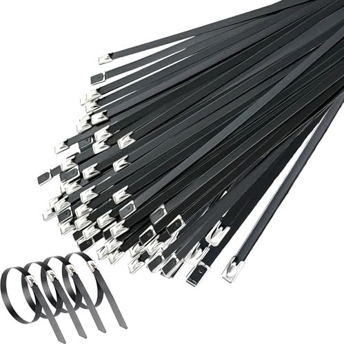 Deecam Attaches en Acier Inoxydable Noir 400mm, 50 Pièces Collier de Serrage Inox, Collier Serrage Inox Pour Bande Thermique Echappement, Entretenir les Clôtures et les Auvents
