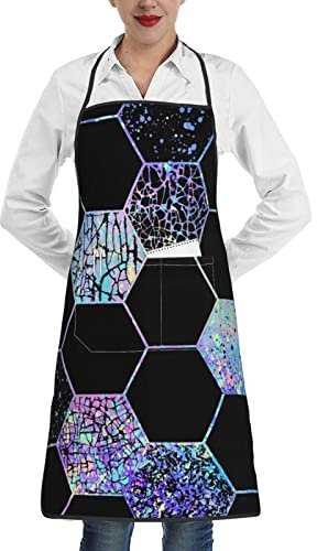 XVBCDFG Kochschürze Verstellbare wasserdichte Kochschürze mit Tasche für Küche Lätzchen Grillen BBQ Backen - Geometrisch Hexagon Modern Schwarz Blau, 11, Einheitsgröße