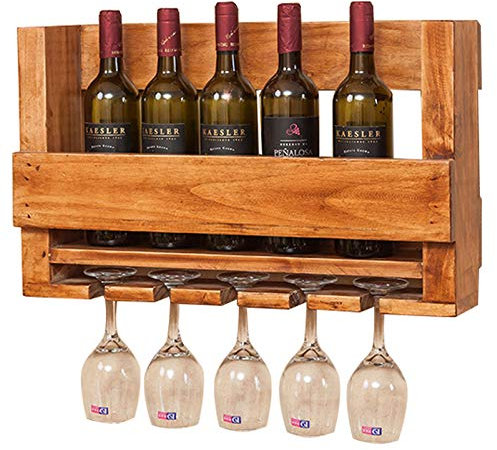 SOVORM Portabottiglie da parete, portabicchieri in vero legno, portabottiglie e portabicchieri per 5 bottiglie e 5 bicchieri, naturale The New