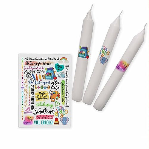 Kerzen Sticker Schulanfang-Bunt | Kerzenfolie | Kerzentattoo | Bastelset für Kerzen | Weihnachtsgeschenk | Kalender | Geschenk | Basteln | Sprüche (DIN A5, 4 Stumpenkerzen)