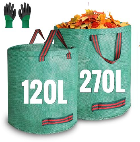 JARDILIFE Garden Waste Bags Heavy Duty 120 270 Litre 2 Pack, Reusable Garden Sacks with 1 Pair of Gardening Work Gloves, Tools Bags for Garden Waste Plant Waste Grass Leaves (120L*270L)