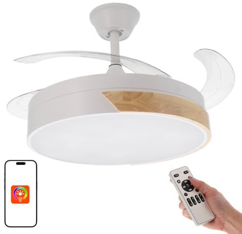 M mimotec - Ventilador de Techo con luz Led Messe 72W Blanco con madera natural Haya y Mando a Distancia, motor DC, 6 velocidades, 4 Aspas retráctiles, función verano-invierno, temporizador. Con APP