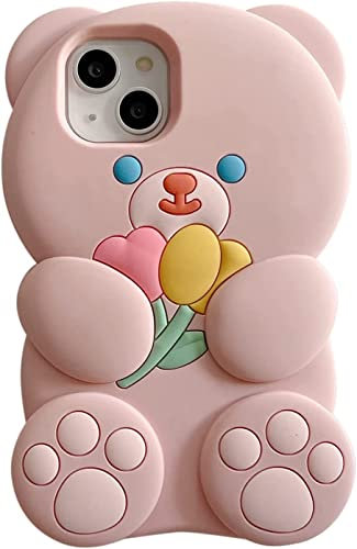 SGVAHY Coque pour iPhone 15 Plus Mignon Kawaii 3D Dessin animé Fleur Ours Rose Silicone Souple Bumper Housse de Protection Antichoc Coque de Protection pour Enfants Filles