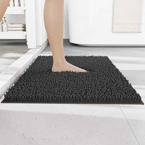 RUN HELIX Chenille Bath Mat Non Slip, Dark Grey Bathroom Mat, Shaggy Bathroom Rug, Absorbent Bath Mats for Bathroom, Fluffy Bathroom Mats (40 x 60 cm, Dark Grey)