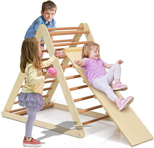 Climbing Frame for Toddlers, 2 in 1 Wooden Indoor Climbing Pikler Triangle Set with Ramp Ladder Slide, Baby Montessori Playground Jungle Gym Climber Toys for Kids (Natural)