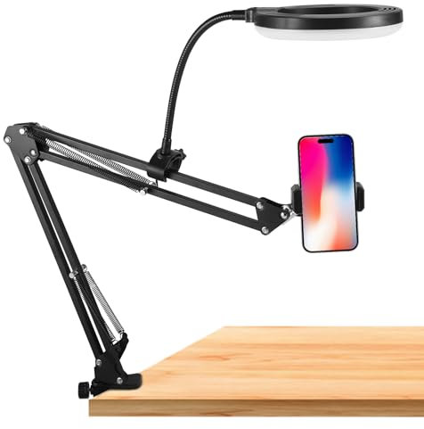 UPROZIL Overhead Phone Mount with Ring Light, Flexible Adjustable Phone Arm Stand, Dimmable Ring Light for Desk with Phone Camera Webcam Holder Clamp for Live Stream Makeup Video Recording YouTube