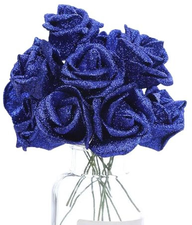Whakano 20 rose artificiali glitterate, fiori artificiali, rose a gambo lungo, per festa della mamma, feste, matrimoni, interni ed esterni, cucina, ufficio, caffè, decorazione per la casa, blu