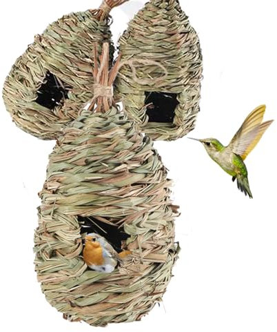 3 Stück Handgewebte Vogelhäuser,Gras Bird Nest,Nistplatz für Vögel,Nisttasche Vogelnest Gewebt,Hängender Vogelnest,für Wellensittich Meise, Kanarienvogel, Amsel, Hummingbird，24x11cm (3)