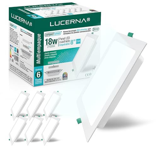 LUCERNA Downlight LED Empotrable Cuadrado - Pack de 6 Focos LED para Techo Interior - Plafon Luz Fría (6500K, 18W)