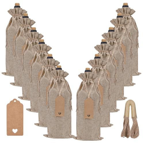EVRWO Burlap Wine Bags 12 Pcs Wine Bottle Gift Bags Reusable Gift Bags With Drawstrings Tags & Ropes for Holiday Weedings Party, Birthdays, Travel, Blind Tastings, Home Storage 750ml (Natural)