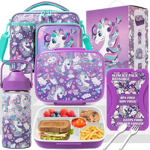 Oruiji Unicorn Bento Box for Kids Lunch Box for Girls Bento Lunch Box for Kids Lunch Box Set with 5 Compartments Stainless Steel Water Bottle, Lunch Bag, Ice Pack Set Back to School Supplies