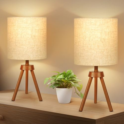 OUTON Wooden Tripod Table Lamps Set of 2, Dimmable Bedside Lamps with Linen Lampshade, Mid-Century Nightstand Lamp for Nursery, Bedroom, Kid Room, Living Room,Office,5W 3000K Bulb Included(Walnut