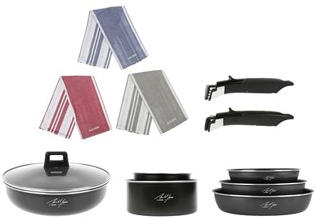 Sitram 716909 Batterie de cuisine 8 pcs Aluminium noir : 2 manches amovibles, 3 Poêles Ø20,24,28cm, 2 Casseroles Ø16,20cm, 1 Sauteuse Ø26 couvercle verre, Tous feux dont induction - 3 Torchons offerts