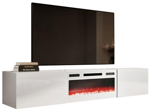 Mirjan24 TV Schrank mit Elektrischem Kamin Slide 200 Fernsehschrank TV Lowboard Griffloses Öffnen Hängeschrank Elektrischer Kamin, Heizung Realistische LED-Flamme (weiß/weiß Hochglan.)