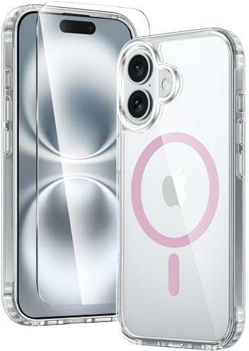 FNTCASE für iPhone 16 Klar Hülle: Magnetisch Militärischen Grad Fallschutz Anti Vergilbung Schlankes Hülle - Robuste Stoßfeste Schützende Transparente Handyhülle - 6,1 Zoll (Klar-Rosa)