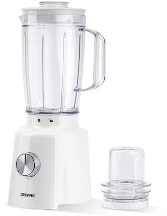 GEEPAS 2-in-1 Food Jug Blender | 1.6L Juice Jar & 100G Mini Coffee Spice Grinder 4-Leaf Stainless-Steel Blades 3 Speed & Pulse Safety Lock | Smoothie Maker for Ice Crushing 2 Year Warranty 650W White