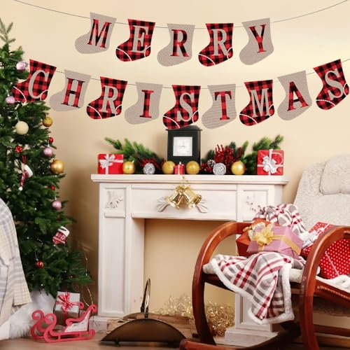 QIHONGC Banners de Navidad de arpillera de Navidad, calcetines de Navidad, banderas de Navidad, pancartas colgantes de Navidad para decoraciones de fiesta de Navidad al aire libre e interior