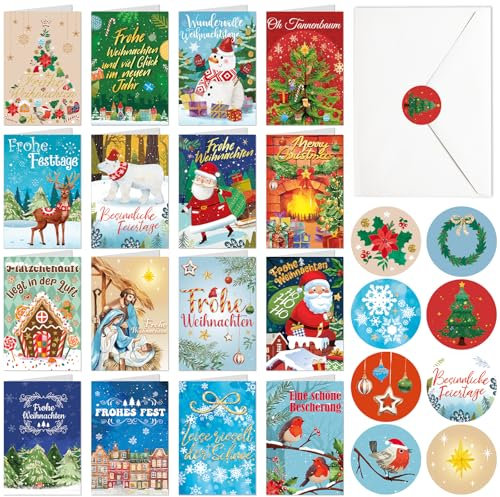 DPKOW 16 Weihnachtskarten mit Umschlag Aufklebern, Frohe Weihnachten Karten set Grußkarten Weihnachten Klappkarten Blanko, Krippe Weihnachten Karte Sprüche Weihnachtspostkarten Edel Aquarell