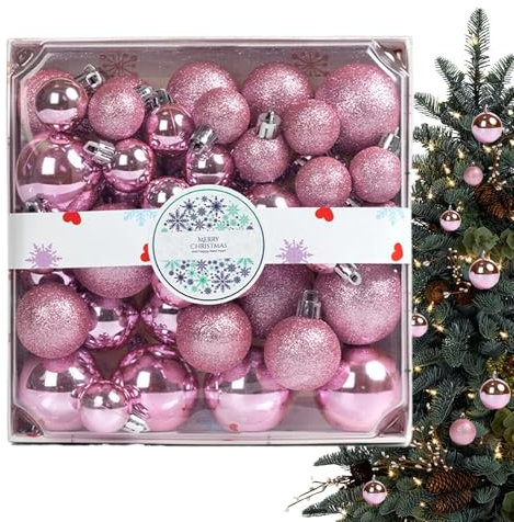 Christmas Balls Ornaments - 44 Piece Set | Shatterproof Christmas Tree Baubles Decorations | Pink