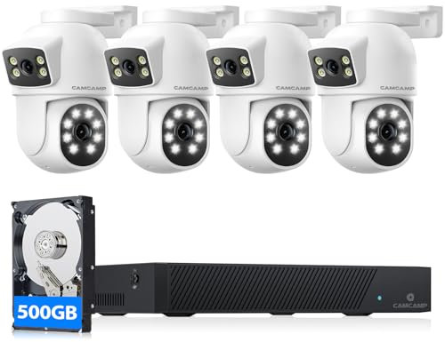 CAMCAMP Kit Video Surveillance POE PTZ Double Objectif, 8CH NVR Kit Caméra de Surveillance POE Extérieure avec 500GB HDD et 4X4MP Caméras IP PoE,360° Vision Nocturne Couleur,Enregistrement 24/7,IP66