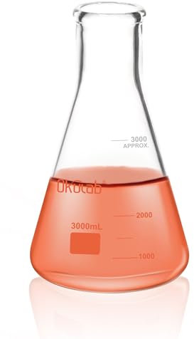 Okulab Conical Flask Set, Glass Erlenmeyer Flasks, 3000ml Lab Erlenmeyer Flasks, Borosilicate 3.3 Glass Material with Printed Graduation，EFNG3000A1