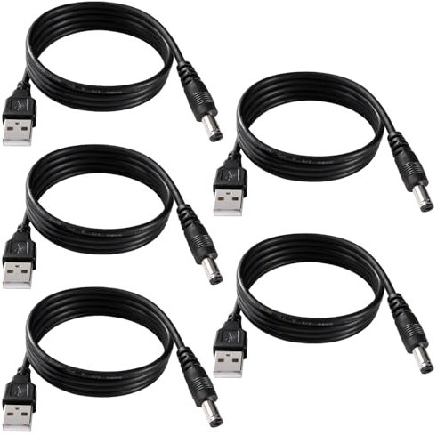KUOQIY 5 PCS 1m 24AWG USB to 5V DC Cable, USB to 5.5mm x 2.1mm DC Barrel Jack Power Charging Cable, USB to DC Power Cable, for Electronic Devices, Laptops, Routers, LED Lights and More