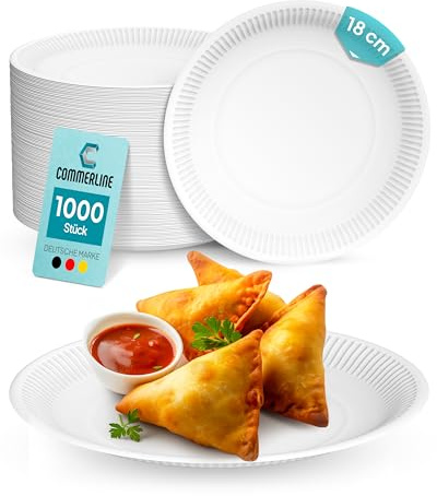 Commerline 1000 Stück Rund Pappteller Ø18 cm | Hochwertige Einwegteller für Kuchen, Partys & Snacks | Einweggeschirr & Einmalgeschirr | Pappteller für Essen, Geburtstage & Catering