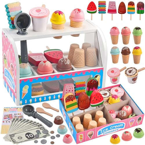 Wooderma Ice Cream Toy for Kids 48 Pcs, Wooden Ice Cream Set | Role Play Toys for 3 4 5 6 7 Year Old Girls Boys Gifts, Wooden Play Food Sets for Children Kitchen Accessories