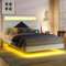LONELYO Lit 140x190 avec Sommier LED et USB, Coffre de Rangement, Tête de Lit et Lattes - Double Rembourré pour 2 Personnes (140x190cm)