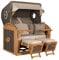 MR. DEKO® Strandkorb Schillig 2,5-Sitzer Teak | PE Geflecht Grey | Volllieger Strandstuhl mit Bullauge inkl. 2 Fußablagen | je 2 Kissen und Nackenkissen | Strandkörbe aus Teak Vollholz (Dessin 510)
