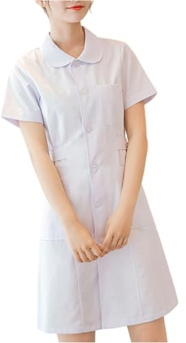 Nurse Uniform Women, Nursing Dress for Women UK, Short Sleeve Front Button Down Lapel Neck Work Scrubs Uniforms Nurse Dress with Pockets 01-White M
