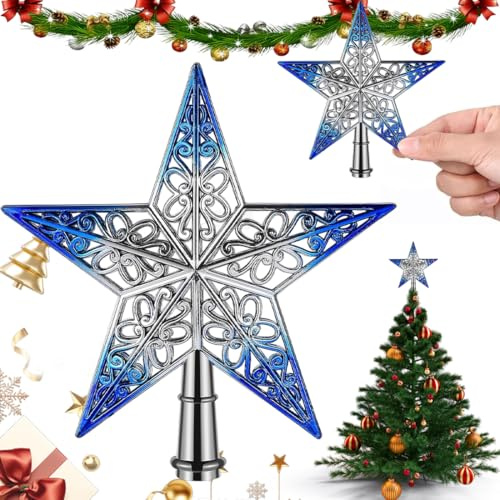 Weihnachtsbaumspitze Stern, Christbaumspitze Silber Blau, Christbaumspitze in Stern-Form, für Weihnachtsdeko, Party, Christbaumschmuck, Innendekoration (#Silber Blau 20cm)