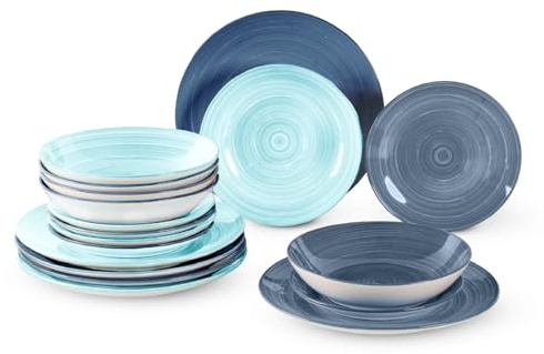 Set 18 Piatti, 6 Coperti Completi in Porcellana - Servizio Tavola Moderno 6 Persone: Piani Ø27 cm, Fondi Ø20 e Dessert Ø19 - Certificazione Contatto Alimentare per Microonde e Lavastoviglie - Acqua