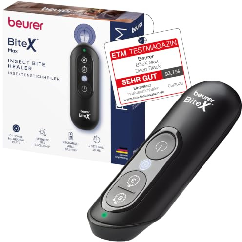Beurer BiteX Max Dopopuntura per Punture di Insetti con Superficie Riscaldante Estesa, Trattamento Termico contro Prurito e Gonfiore, Batteria Ricaricabile USB-C, con Luce Integrata